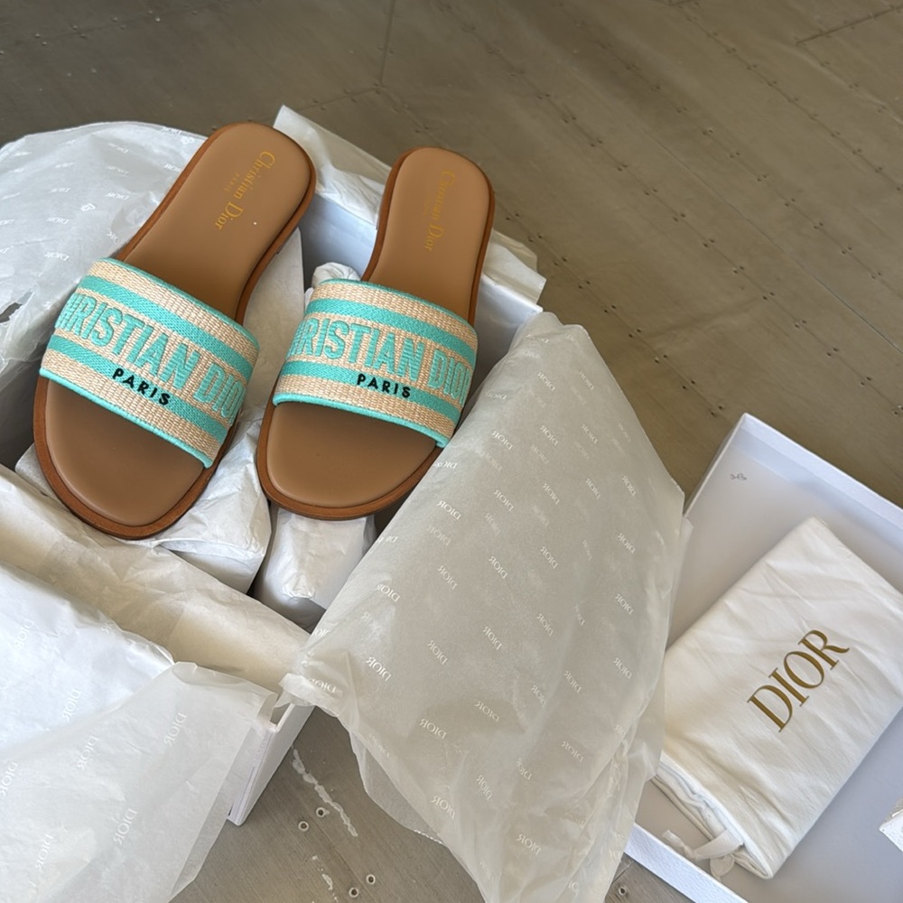 Christian Dior dway slide sandal flat aquamarine logo canvas leather sz 38.5 - Picture 7 of 9